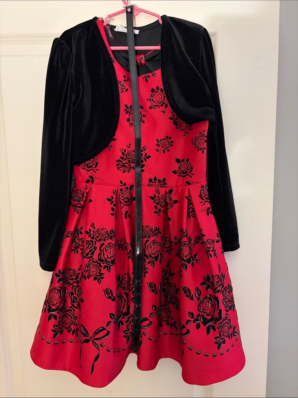 Knitworks Red Floral Fit-and-Flare Dress with Black Velvet Bolero